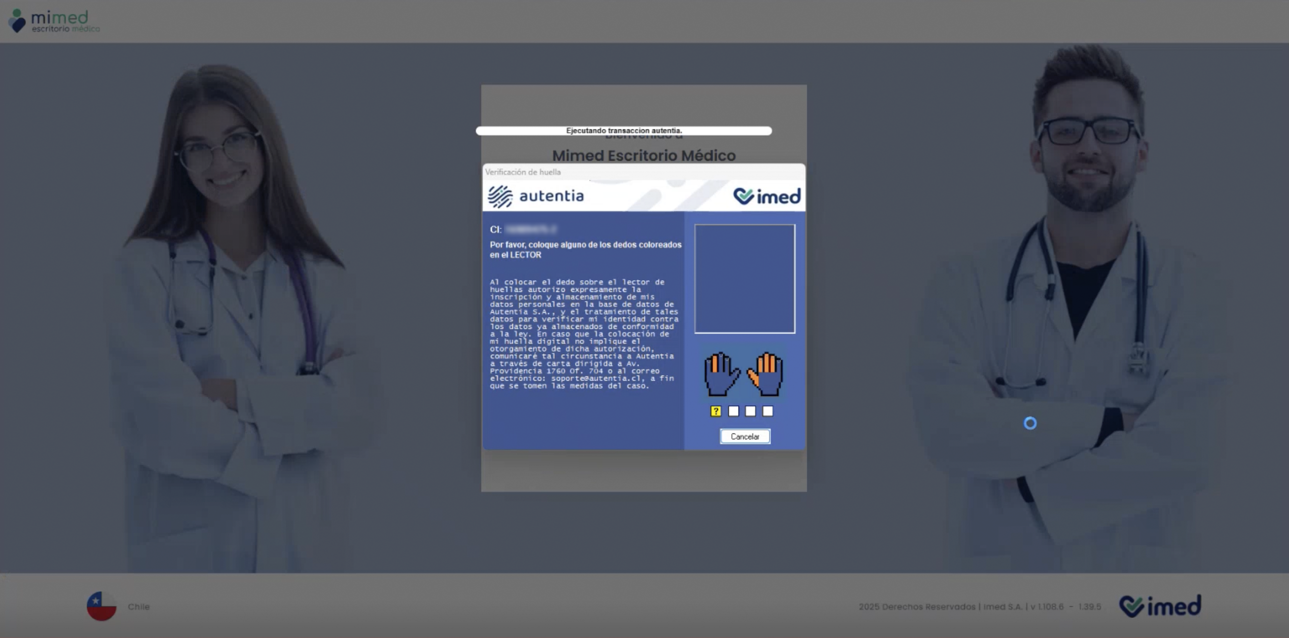 Verificación de huella al iniciar sesión en Mimed Escritorio Medico